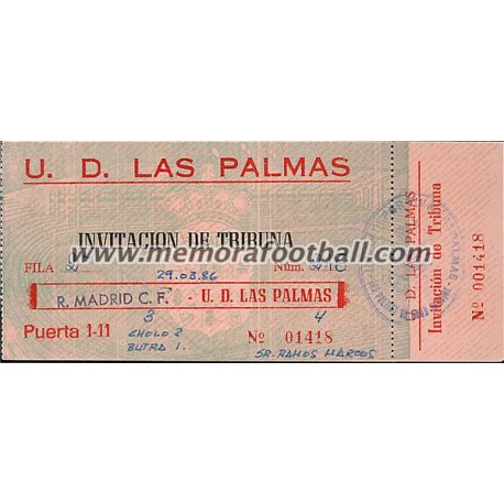 Entrada UD Las Palmas vs Real Madrid 29-03-1986 Liga Española
