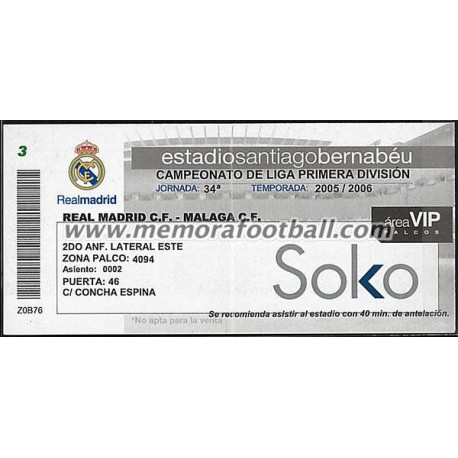 Entrada Real Madrid vs Malaga CF 23-04-2006 LFP