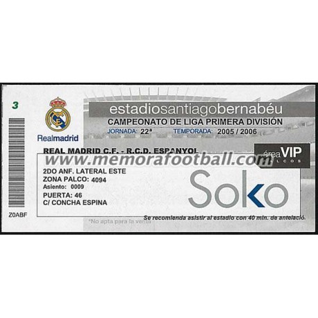 Entrada VIP Real Madrid vs RCD Español 2005-2006 LFP