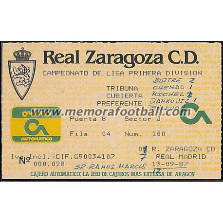 Entrada Real Zaragoza vs Real Madrid 13-09-1987