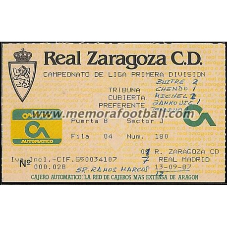 Real Zaragoza vs Real Madrid 13-09-1987 ticket