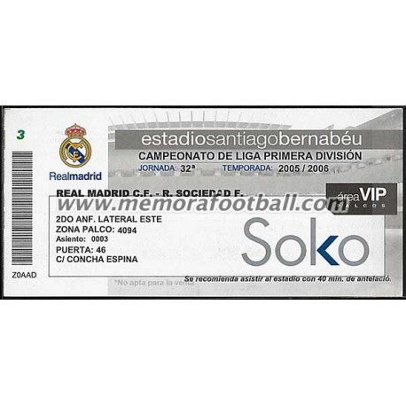 Entrada VIP Real Madrid vs Real Sociedad 2005-2006 LFP