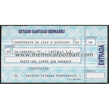 Castilla FC vs Sabadell CF 14-10-1988 ticket
