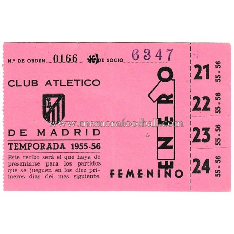 Recibo de socio Atlético de Madrid 1955-1956