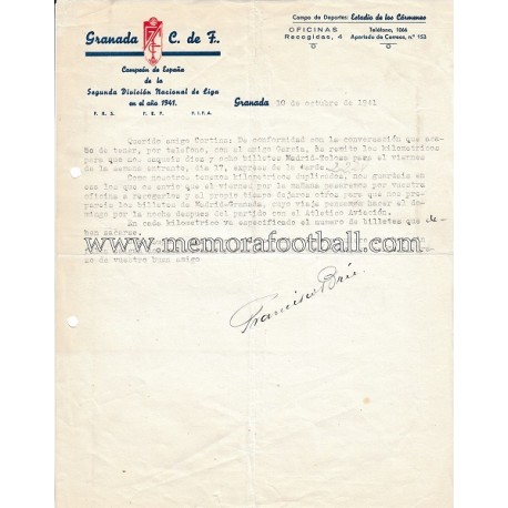 GRANADA C.F. Letter signed by Paco Brú (1941)