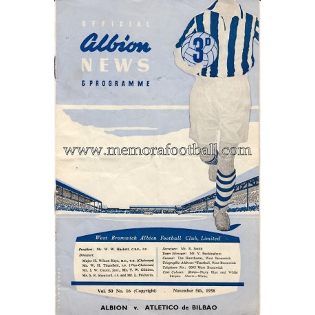 West Bromwich Albion v Atlético de Bilbao 05-11-1958 programme