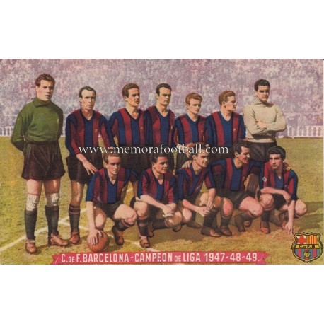 Tajeta postal del CF Barcelona campeón de liga 1947-48-49 