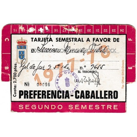 Tarjeta Semestral de socio del Real Oviedo, temporada 1977-78