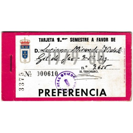 Tarjeta Semestral de socio del Real Oviedo, temporada 1979-80