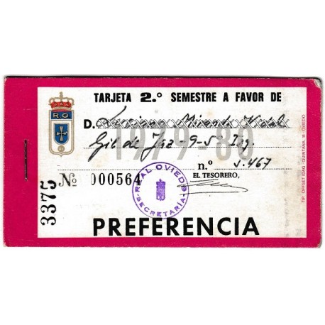 Tarjeta Semestral de socio del Real Oviedo, temporada 1979-80