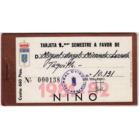 Tarjeta Semestral de socio del Real Oviedo, temporada 1981-82