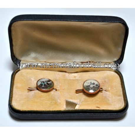 English, Victorian era cufflinks with rugby motif in their original case