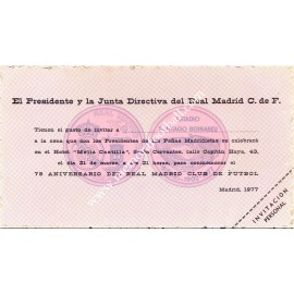 Real Madrid CF 75 aniversario 1977. Invitación a la cena de Presidentes de Peñas
