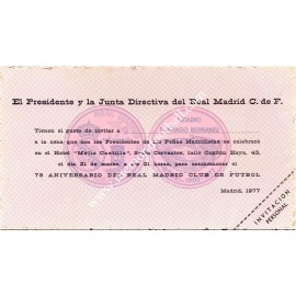 Real Madrid CF 75th anniversary 1977. Invitation dinner