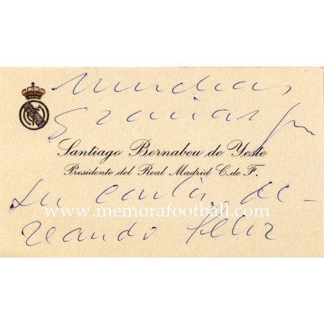 Real Madrid CF visiting card. Handwritten and signed by Santiago Bernabeu 1950-1960