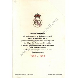 Menu cena homenaje alReal Madrid CF campeón liga 1963/1964