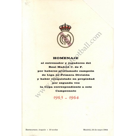 Menu cena homenaje alReal Madrid CF campeón liga 1963/1964