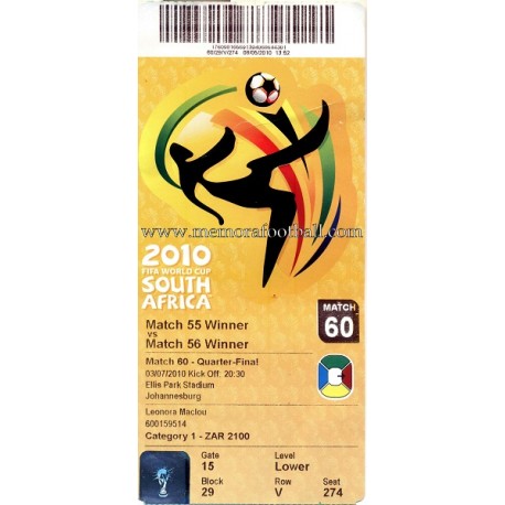 España vs ﻿Paraguay - FIFA World Cup Sudáfrica 2010 ticket﻿