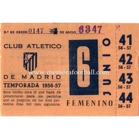 Recibo de socio Atlético de Madrid 1956-1957