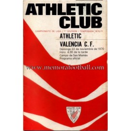 Athletic Club vs Valencia CF 22-11-1970 programa oficial