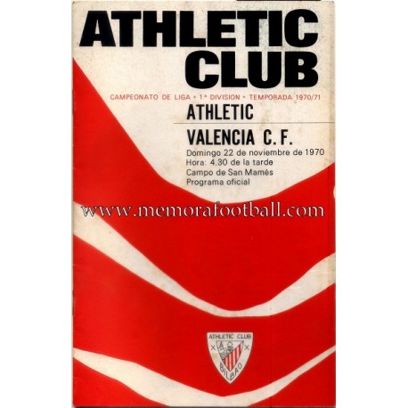 Athletic Club vs Valencia CF 22-11-1970 programa oficial