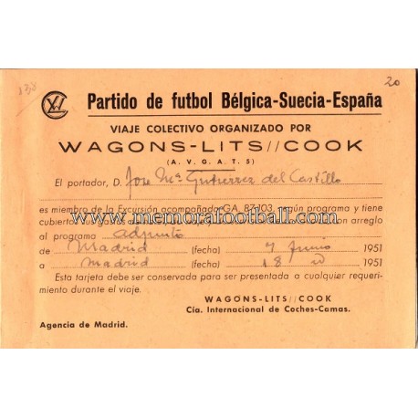 Programa de Viaje partidos Bélgica v España y Suecia v España 1951