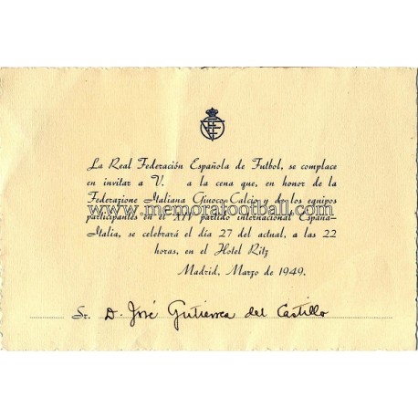 Spain vs Italy 27-03-1949 Official Dinner menu