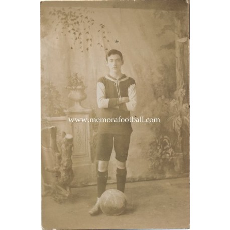 Young man in football strip, circa 1900, England post card﻿