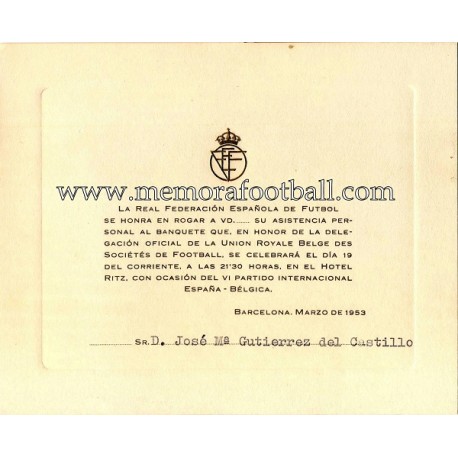 Spain vs Belgium 19-03-1953 Official Dinner invitation