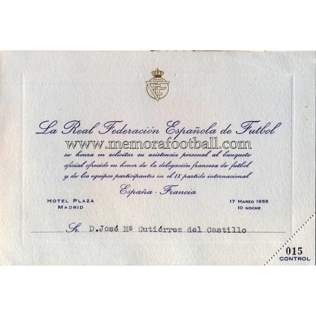 Invitación a la Cena Oficial partido España v Francia 17-03-1955
